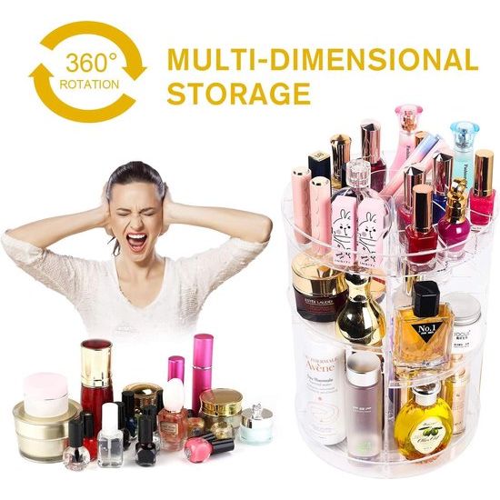 Beauty Organizer, make-up-cosmetica-organizer, 360 graden draaibaar, voor het opbergen van make-up, cosmeticadoos voor dressers, slaapkamer, badkamer, transparant