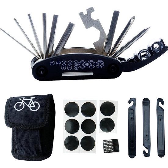 Multitool fietsreparatieset-B32 Fietscomfort Reparatieset, 16-in-1 multifunctioneel gereedschap, inclusief gangverlichting, zelfklevende fietspatches