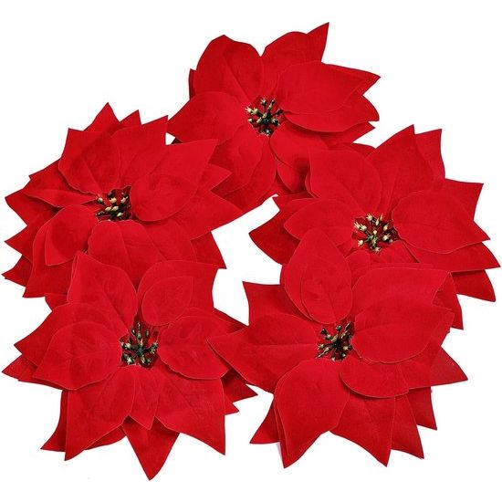 Pack of 15 22 cm Artificial Christmas Flowers with Clip Christmas Tree Poinsettia Ornaments for Wreath Wedding Party Decoration (Red)