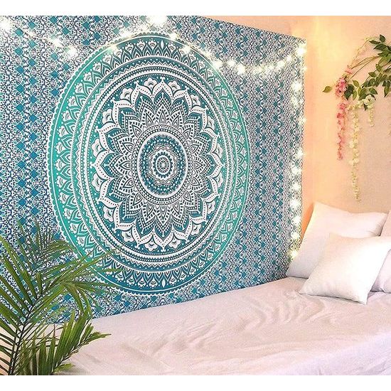 Katoenen mandala wandtapijt, zeegroen, hippie, boho, wandtapijt, 228 x 213 cm