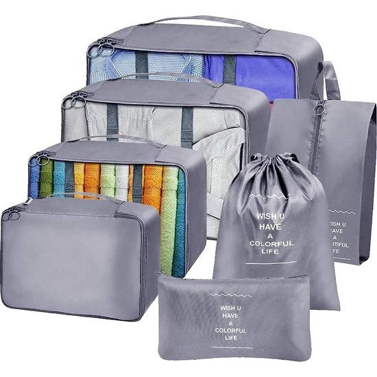 Set van 7 stuks bagagekubussen, kofferorganizer, kledingtassen, schoenenzakken, opbergsysteem voor vakantie, reizen (grijs)