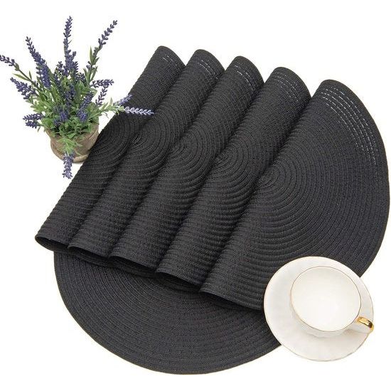 Set van 6 ronde geweven placemats, zwart, katoen, hittebestendig, wasbaar, antislip, voor keuken, feest