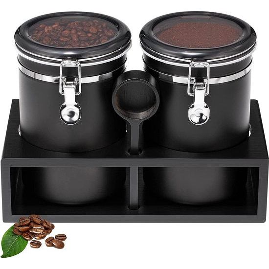 Koffieblik luchtdicht met houder, zwart 1850 ml x 2 roestvrij stalen koffiecontainers, koffiebonen bewaren met lepel voor koffiebonen, koffiepoeder, thee, noten en cacao