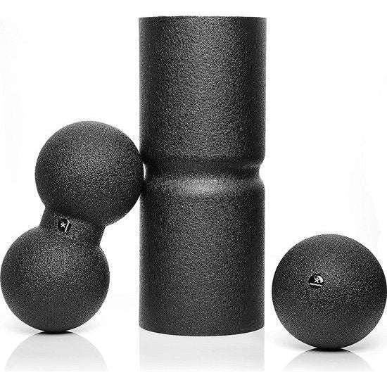 CARE fascia-set bestaande uit fasciarol CARE 35x14cm medium hard met rondom lopende groef voor ontlasting van de wervelkolom, single ball 12cm en duo-bal 12x24cm zwart met e-book