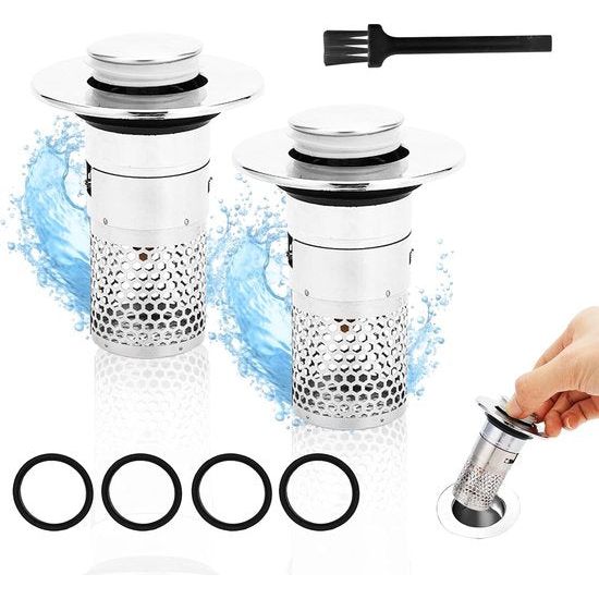 Gootsteenplug voor 34-40 mm afvoer, 2 stuks messing pop-up afvoerzeef met haarzeef, afvoerplug zeef afneembaar, aftapplug voor opzetgootsteen, 2 stuks gootsteenstopper