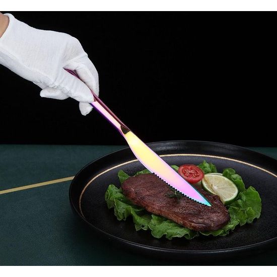 Bestekset, 12-delig, premium roestvrij staal, 6 tafelvorken en 6 tafelmessen, steakvorken voor 6 personen, vaatwasmachinebestendig (glanzend bont)