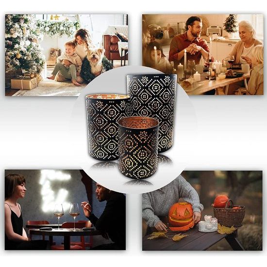 Lantaarn Set Oosterse Decoratie - Kaars/Theelichthouder Goud Zwart - Metaal - Marokkaans/Indiaas Modern Woondecoratie Lamp/Lantaarn, 3 Stuks