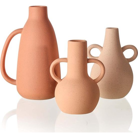 Terracotta vaas voor woonkamer, set van 3 vazen, matte vazen, decoratieve rustieke bloemenvaas met handgrepen, tafelvaas voor schoorsteenmantel, woonkamer, cadeau, 28,5/13/12 cm