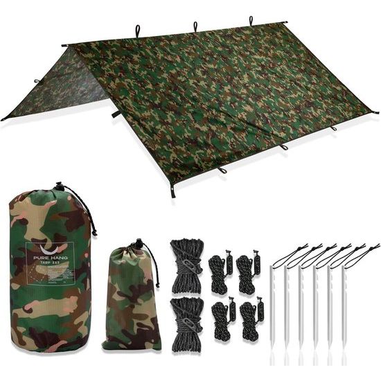 Tentzeil, tarp, 3 x 3, voor hangmat, outdoor, camping, 100% waterdicht, met oogjes, zonnezeil, strand, ultralicht, zonwering, uv-bescherming, regenbescherming