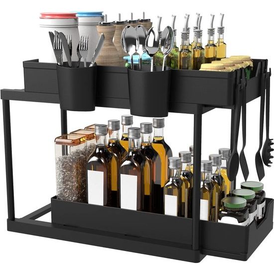 Premium ondergootsteenorganizer - flexibele 2-laags ondergootsteenplank met 4 haken en 2 kopjes, onderkastorganisator voor badkamers, keukens - zwart, uittrekbaar