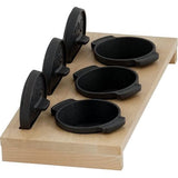 Mini Dutch Oven Set met houten onderlegger, 3 x 11 cm, gietijzeren set van 3 serveerpotten, reeds ingebrand, preseasoned, kookpan, kleine braadpan, gietijzeren pan