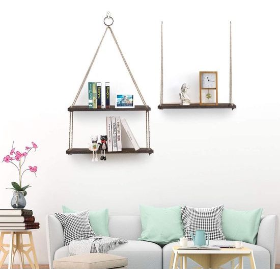 3 stuks houten wandrek met touw, hangrek, zwevende planken, hout, hangrek, wandschommel, opbergrekken, jute touw, organizerrek, bruin hout