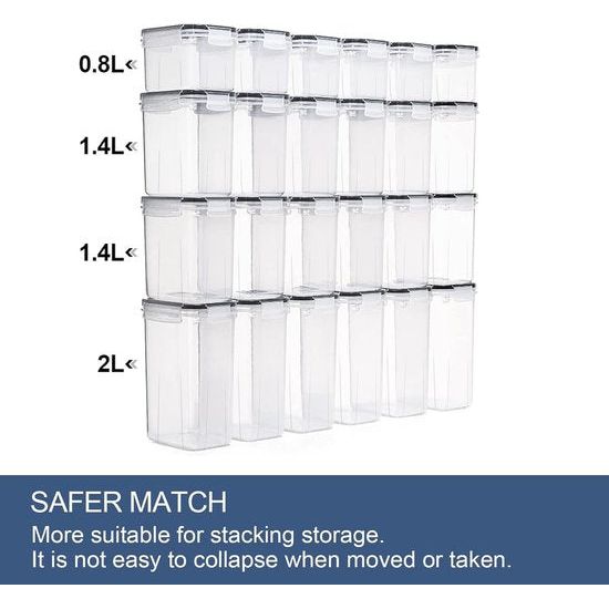 Set van 24 voorraadpotten, BPA-vrij, plastic opbergdoos met deksel, luchtdicht, graanopslagcontainer en voedselopslagcontainers, keukenopslag en organisatie
