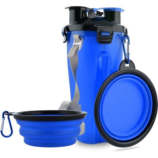 Draagbare waterfles en voerfles, 800 ml, 2-in-1 drinkfles met 2 vouwkommen voor honden, hondenbak, opvouwbare waterbak voor kamperen, wandelen, wandelen en training (blauw)