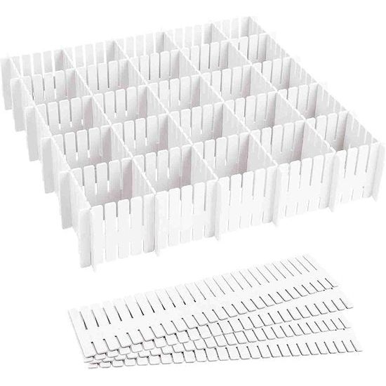Ladeverdelers, lade-verdelers, ladeverdelers, verstelbare lade-organizer, witte scheidingswanden, lade-inzet voor ondergoed, sokken, cosmetica, slaapkamer, kantoor, doe-het-zelf, 37 cm, 16 stuks