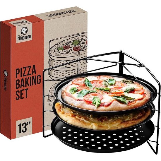 Pizzaplaat - ronde pizzaplaat - pizzaplaat - set van 3 - niet-klevende geperforeerde koolstofstalen pizzapan, ronde pizzaplaat (33 cm)