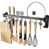 40 cm keukenhouder met 6 afneembare haken, aluminium messenhouder en potdekselhouder - keukenhulplijst - zwart