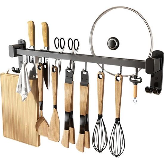 40 cm keukenhouder met 6 afneembare haken, aluminium messenhouder en potdekselhouder - keukenhulplijst - zwart