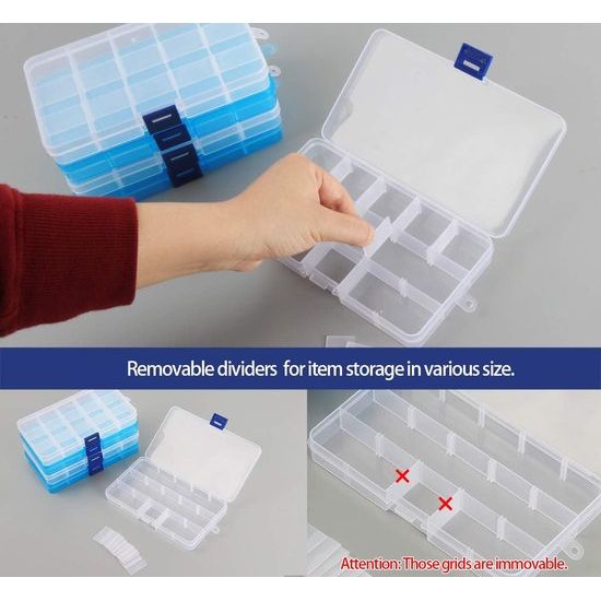 Opbergdoos met compartimenten, doorzichtige sorteerdozen, plastic opbergdoos, sieradendoos, verstelbare assortimentsdoos voor sieradenorganizer, pareloorbellen, 15 raster x 6 stuks