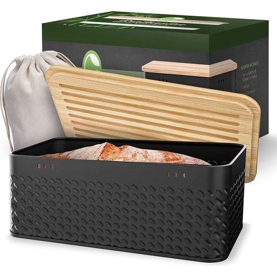 Broodtrommel, innovatieve broodtrommel dankzij carboncoating, extra lange versheid door geïntegreerde ventilatiegaten, duurzame bamboe deksel, moderne broodtrommel inclusief snijplank