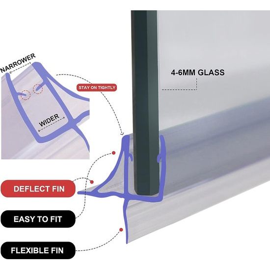 Afdichtingstape voor douchewanden, badkuipen, douchedeuren, 870 mm lang, uniek design, voor 4-6 mm dik glas met een opening tot 11 mm
