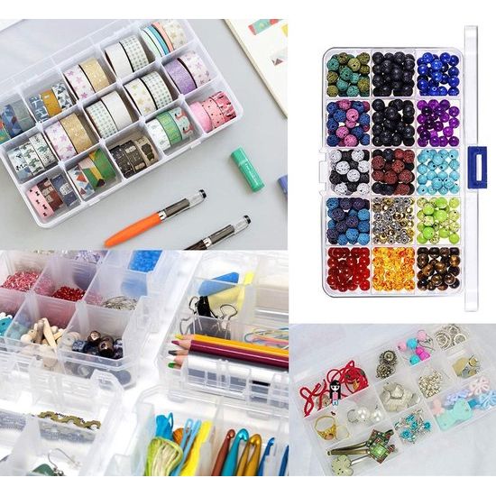 Opbergdoos met compartimenten, doorzichtige sorteerdozen, plastic opbergdoos, sieradendoos, verstelbare assortimentsdoos voor sieradenorganizer, pareloorbellen, 15 raster x 6 stuks