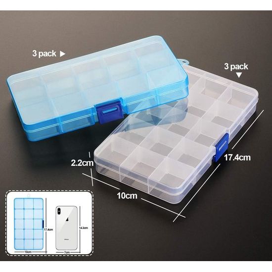 Opbergdoos met compartimenten, doorzichtige sorteerdozen, plastic opbergdoos, sieradendoos, verstelbare assortimentsdoos voor sieradenorganizer, pareloorbellen, 15 raster x 6 stuks