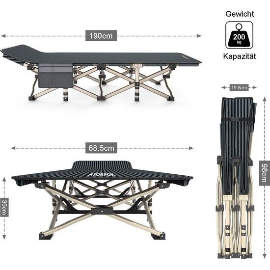 Campingbed, veldbed, inklapbaar, opvouwbaar logeerbed tot 200 kg, extra breed, opvouwbaar, vouwbed, veldbed, campingbed voor buiten, tuin, binnen