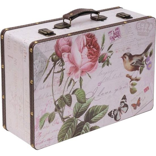 Vintage koffer van hout, 38 x 26 x 13 cm, groot, decoratieve roos
