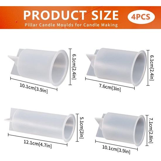 Pakket van 4 kaarsenvormen, siliconen pijlerkaarsvormen voor het maken van kaarsen, cilinderkaarsvormen, doe-het-zelf kaarsen Gietvormen voor het maken van 3D-kaarsen, zepen, ambachten, ornamenten
