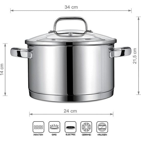 Inductiepan 24 cm met glazen deksel, kookpan groot 6 l, van 18/10 roestvrij staal, handvat niet heet, gesmede bodem voor alle fornuizen, pot groot als soeppan pastapot spaghettipot | kookpot