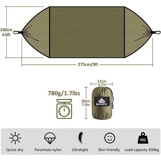 Campinghangmat met klamboe, ultralicht, 300 kg draagvermogen, 275 x 140 cm, ademend, sneldrogend parachute-nylon, bevat 2x premium karabijnhaken, 4x nylon lussen