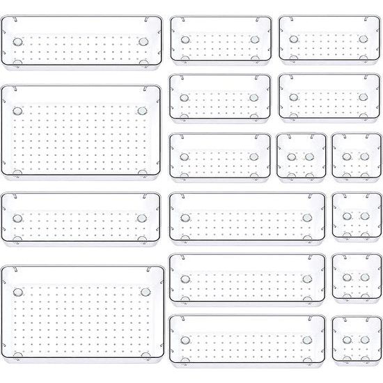 17-delig lade-organizersysteem, 4 maten lade-organizer doorzichtig plastic bureau, dienbladen ladekast cosmetische organizer voor make-up sieraden slaapkamer badkamer kantoor keuken