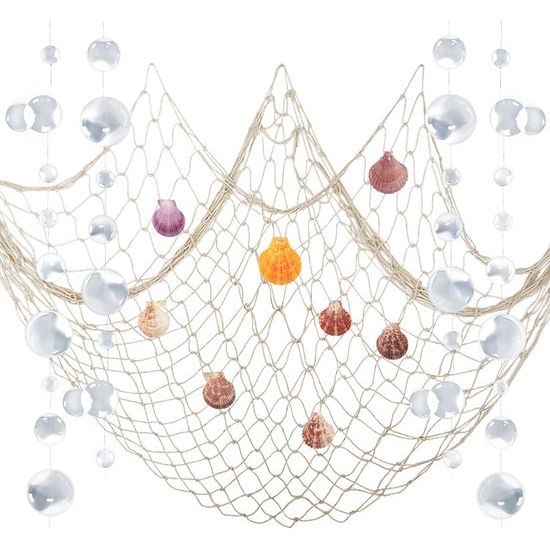 Vissersnet decoratie, natuurlijk visnet, feestdecoraties voor maritieme decoratie, zeemeermin piraten, feest, bruiloft, verjaardagsfeest, katoenen visnet met schelpen, blaas, slingers, beige