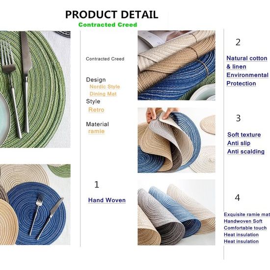 Gevlochten placemats, wasbare placemats, ook als onderzetters, koffiemat, ronde antislip placemats, eettafel, Europese stijl, natuurlijk materiaal, handgeweven stoffen placemat (blauw-30cm-6st.)