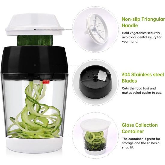 Spiraalsnijder, groente met reservoir, 4-in-1 groentesnijder, spaghetti groenteschaaf, spiraalsnijder voor groentespaghetti, courgettes, wortelen, aardappelen, wortels, wortelen, wortels,