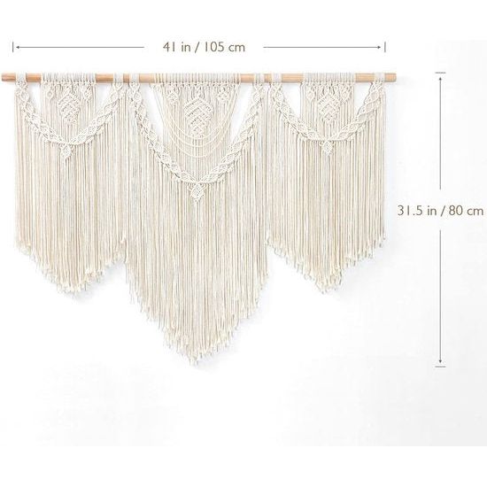 Macramé wandtapijt, groot boho-geweven wandtapijt, bladeren, kwastjes, Boheems tapijt, katoenen touw, macramé, wanddecoratie voor slaapkamer en woonkamer, achtergrond, 110 x 80 cm