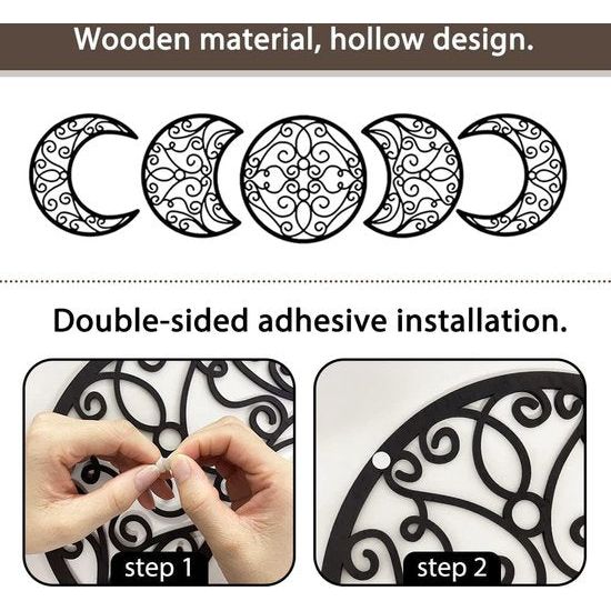 Zelfklevende maanwanddecoratie, 5 stuks houten maan wandtattooset met hol design in Scandinavische stijl, kunst wandbehang muursticker voor woonkamer slaapkamer, zwart.