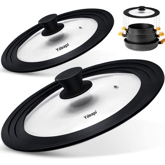 Deksels (set van 2) - siliconen deksels voor potten en pannen met 16/18/20 cm en 24/26/28 cm diameter, ruimtebesparend, met gegradueerde rand, glazen deksels met stoomopening, vaatwasmachinebestendig
