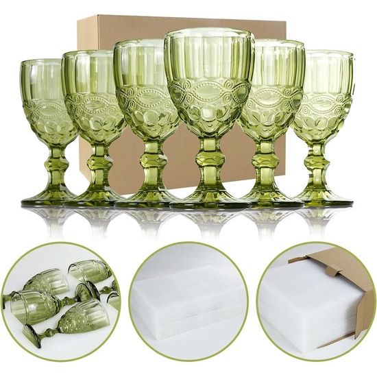 Gekleurde glazen kelk, set van 6, wijnglazen met reliëf, 10 oz verdikt wijnglas van glas, voor sapdrinken, bruiloft, wijnglas (kleur: groen, maat: serpentine)