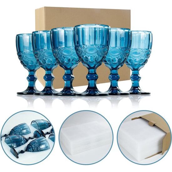 Gekleurde glazen kelk, set van 6, wijnglazen met reliëf, 10 oz verdikt wijnglas van glas, voor sapdrinken, bruiloft, wijnglas (kleur: blauw, maat: serpentijn)