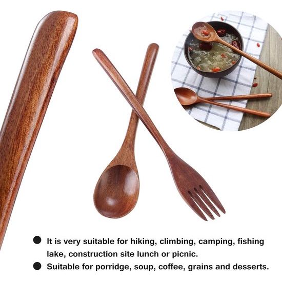 6 Piece Natural Wooden Cutlery Set with Long Handle Janpanese Style for Camping Outdoor Kitchen Cooking Dinner