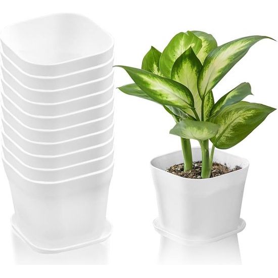 10 stuks witte bloempotten, kleine vierkante plantenpotten met schotels, kunststof bloempotten, moderne kweekpotten, vierkante pot, plantenpot, bloempot voor planten, balkon (9 x 9 x 8 cm)