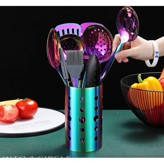 Regenboog keukengereiset, 13-delige roestvrijstalen kookgereiset met titanium regenboogcoating, keukengereiset met bestekhouder voor antiaanbakpannen (13-packs)