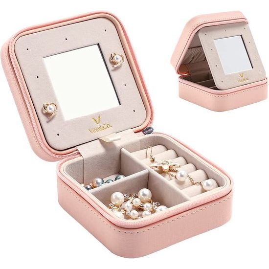 Sieradendoosje voor irritant, kleine juwelendoosje voor dames, reissieradenopslag met spiegel, PU-leeg, sieradenetui, sieradendoos voor ringen, armbanden, oorbellen, halskettingen, cadeau (rose)