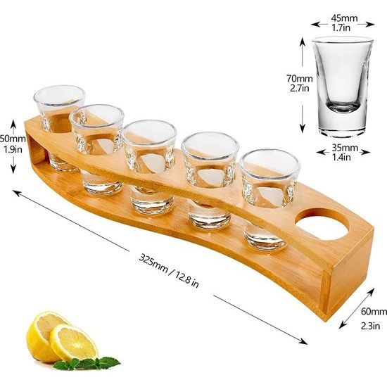 Set borrelglazen, 3 cl, houder en borrelglaasjes 1oz/30 ml drinkserveerplank organizer 6 gaten met helder glas, 6 stuks voor likeurshots tequila whisky brandy wodka rum home party bar cadeau