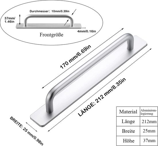 2 stuks zelfklevende meubelgrepen, aluminium kastgrepen, ladegrepen, deurgrepen, zonder boren, handgreep voor kledingkast, keuken, schuifdeur, balkondeur, 212 mm, zilver