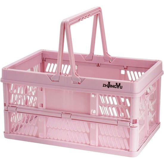 Shopping Basket Plastic Foldable Folding Box Small 19 Litres 38 x 25 x 20 cm Suitable for Kitchen, Bathroom, Office, Bedroom, Classroom, Cupboard, Drawer (Pink)