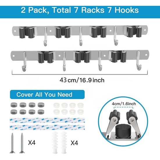 Bezemhouder muur 2 stuks apparaathouder haaklijst bezemhouder tuingereedschap houder tuingereedschap (roestvrij staal)