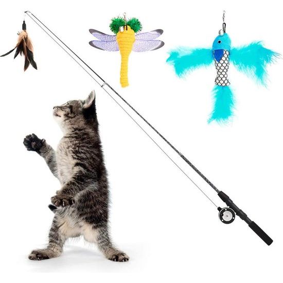 Interactieve kat speelgoed, intrekbare kat hengel met 3 reserve aas van veren en klokken, verstelbare koord lengte, feather teaser voor katten, kitten plezier